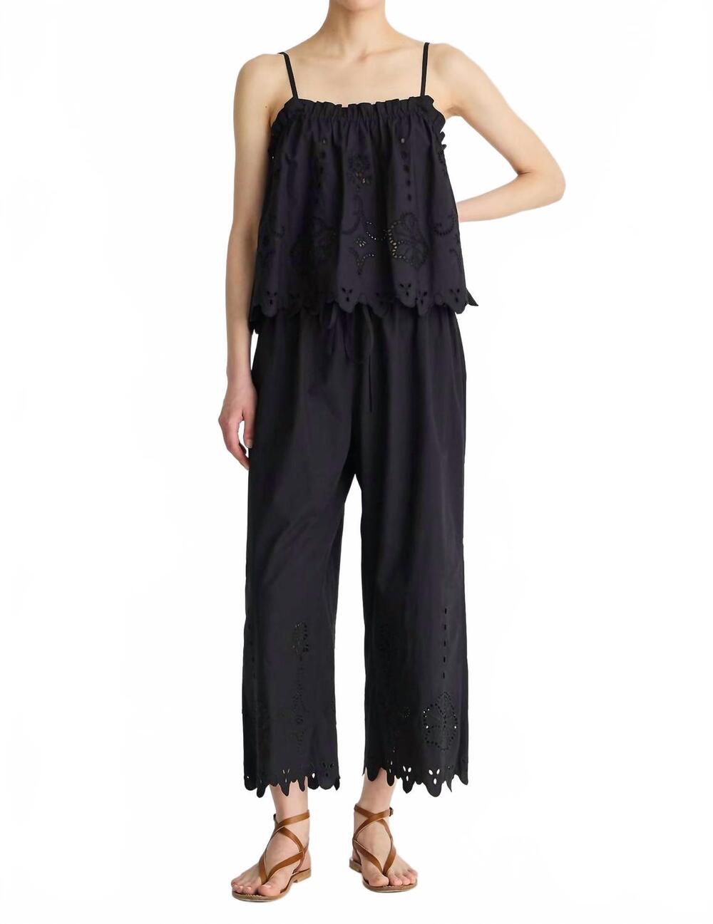 NEW APIECE APART women's embroidered kari pull on pant in black